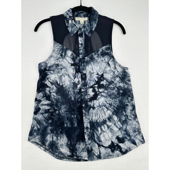 Staring At Stars Sleeveless Blue Tie-Dye Sheer Panel Button Top S - Picture 2 of 7